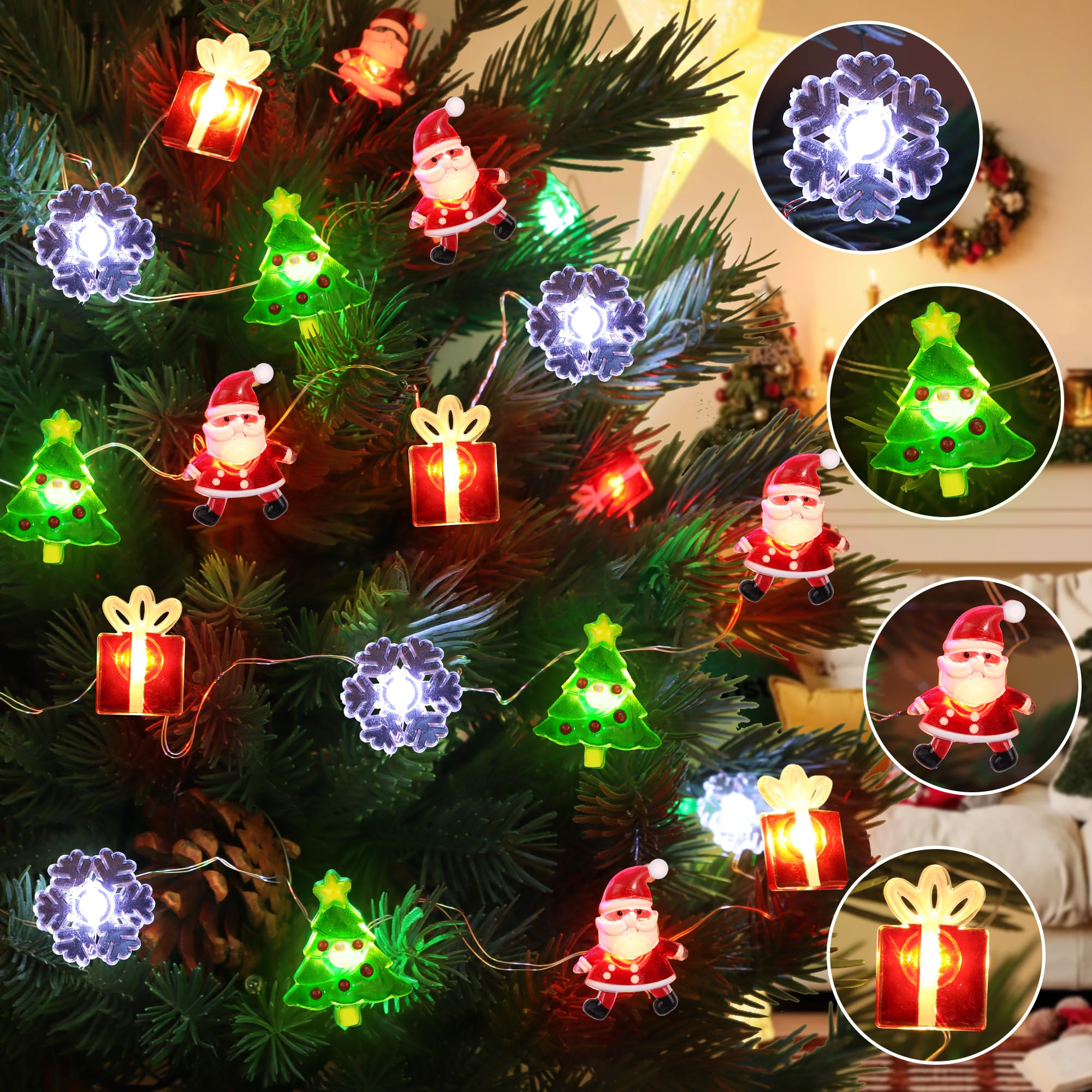 Christmas String Lights 12FT 32 LED Christmas Tree Santa Clause Snowman Gift Box Xmas String Lights Battery Operated Holiday Fairy Lights for Tree Light Decorations Table Home Indoor Holiday Decor