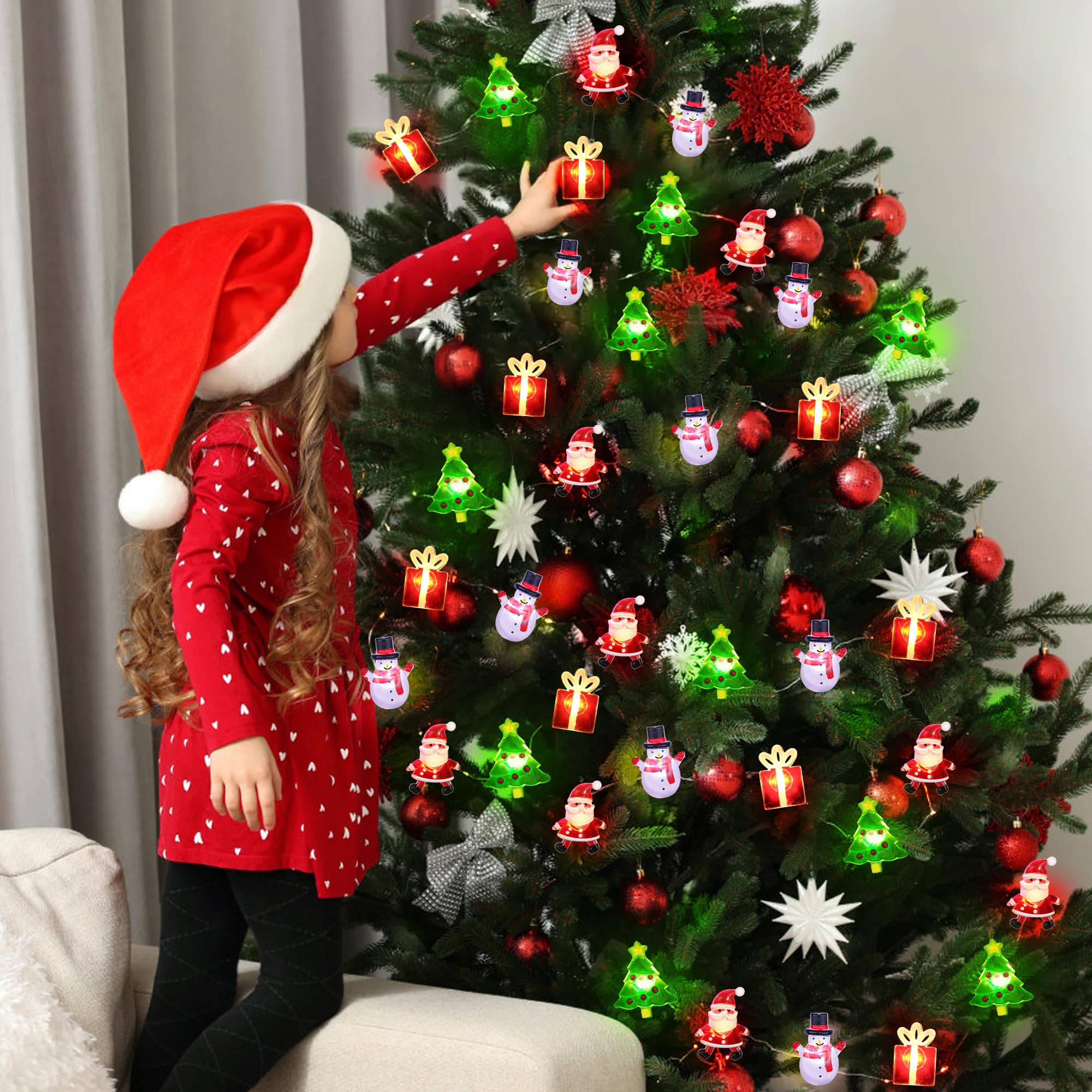 Christmas String Lights 12FT 32 LED Christmas Tree Santa Clause Snowman Gift Box Xmas String Lights Battery Operated Holiday Fairy Lights for Tree Light Decorations Table Home Indoor Holiday Decor