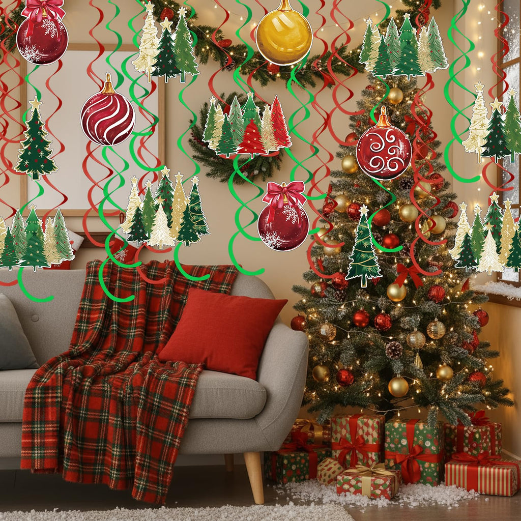 Horaldaily Christmas 30 Pieces Party Hanging Swirl Decorations, Christmas Trees Ball Ornaments Party Hanging Swirls Streamers Ceiling Decor for Home Office Classroom School Boys Girls Supplies