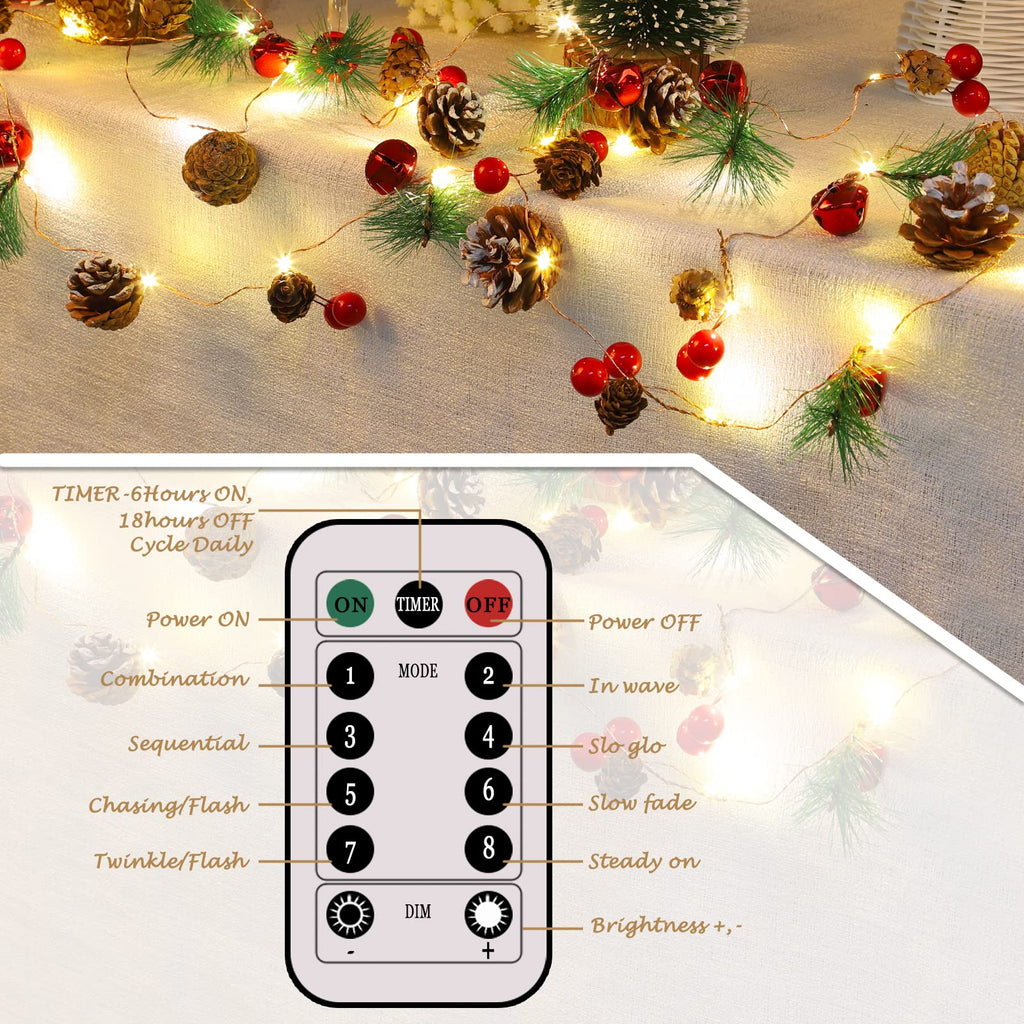 Christmas Garland with Lights, 10 Feet, 30 LED Lights, Pinecones, Red Berries, and Bells Decorations, Christmas Indoor Decorations for Home and Mantelpiece Door Frame Decorations