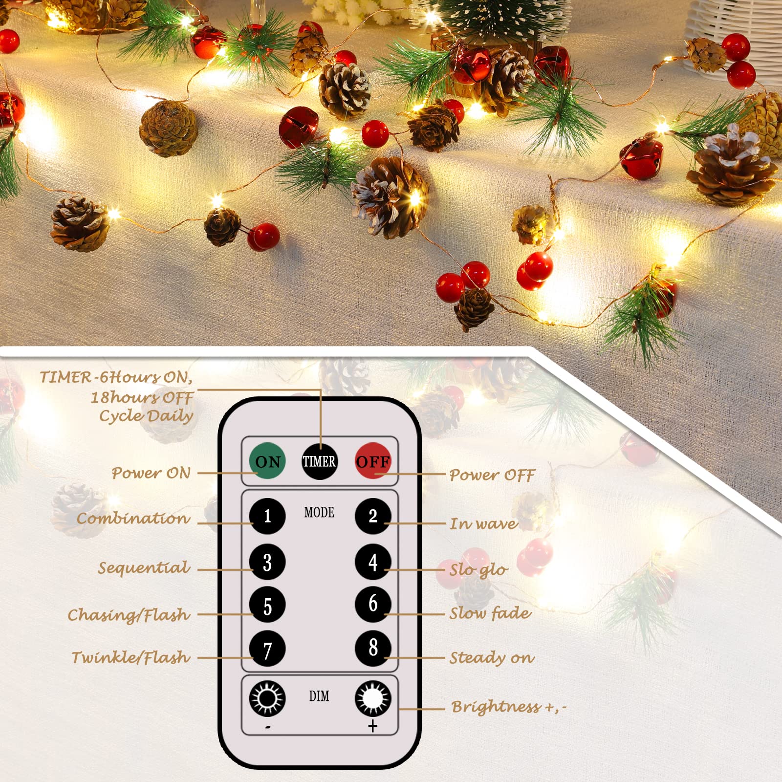 Christmas Garland with Lights, 10 Feet, 30 LED Lights, Pinecones, Red Berries, and Bells Decorations, Christmas Indoor Decorations for Home and Mantelpiece Door Frame Decorations