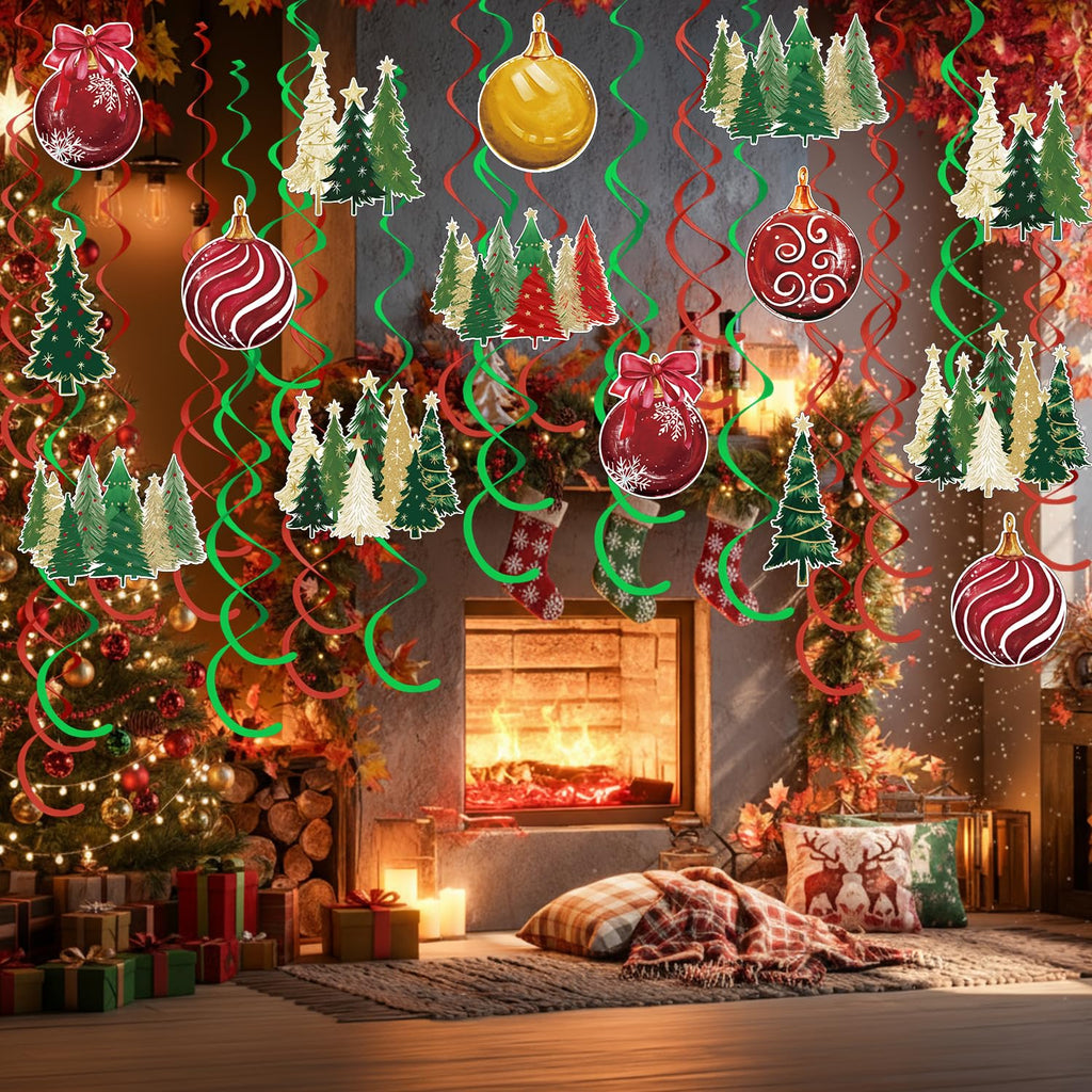 Horaldaily Christmas 30 Pieces Party Hanging Swirl Decorations, Christmas Trees Ball Ornaments Party Hanging Swirls Streamers Ceiling Decor for Home Office Classroom School Boys Girls Supplies