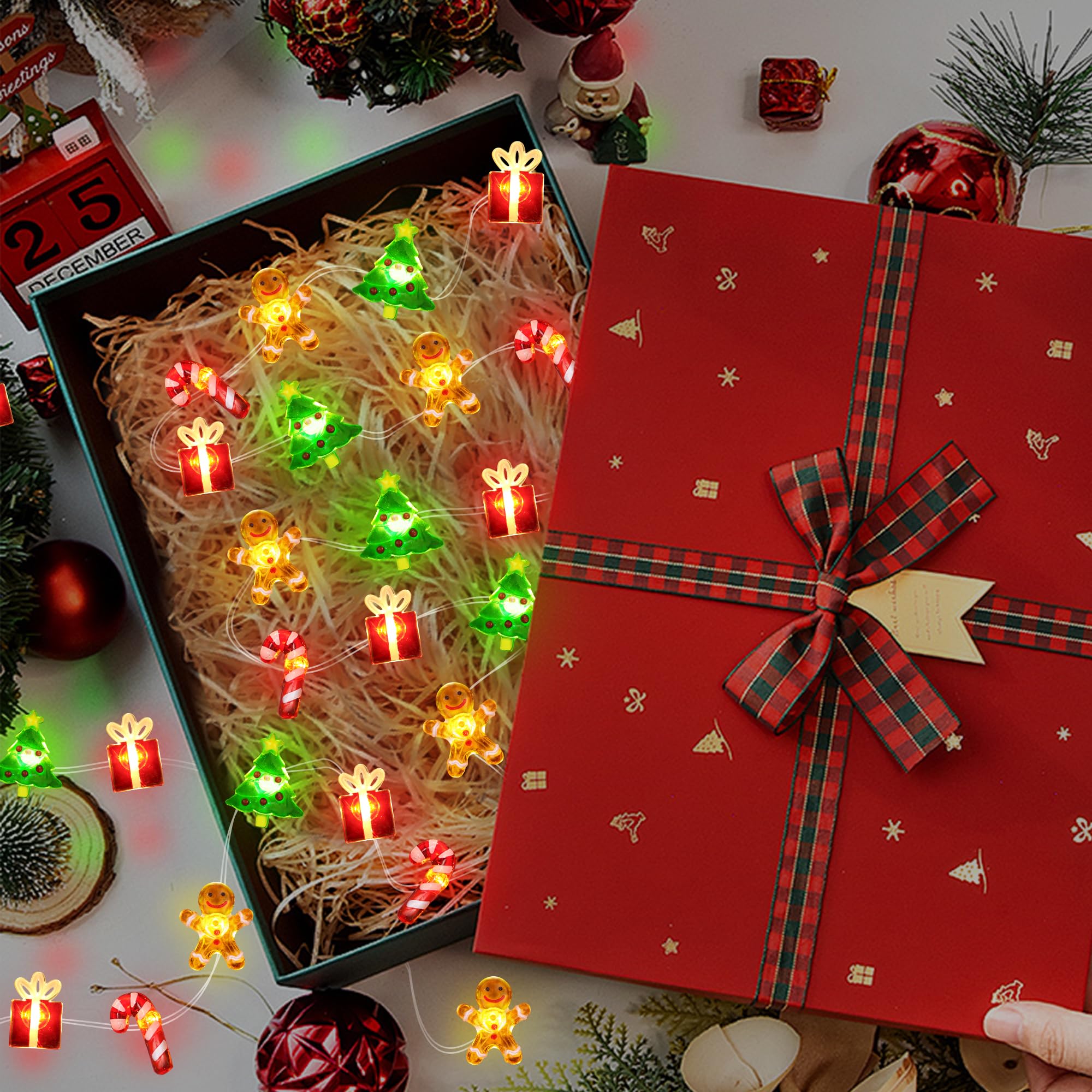 Christmas String Lights 12FT 32 LED Christmas Tree Santa Clause Snowman Gift Box Xmas String Lights Battery Operated Holiday Fairy Lights for Tree Light Decorations Table Home Indoor Holiday Decor