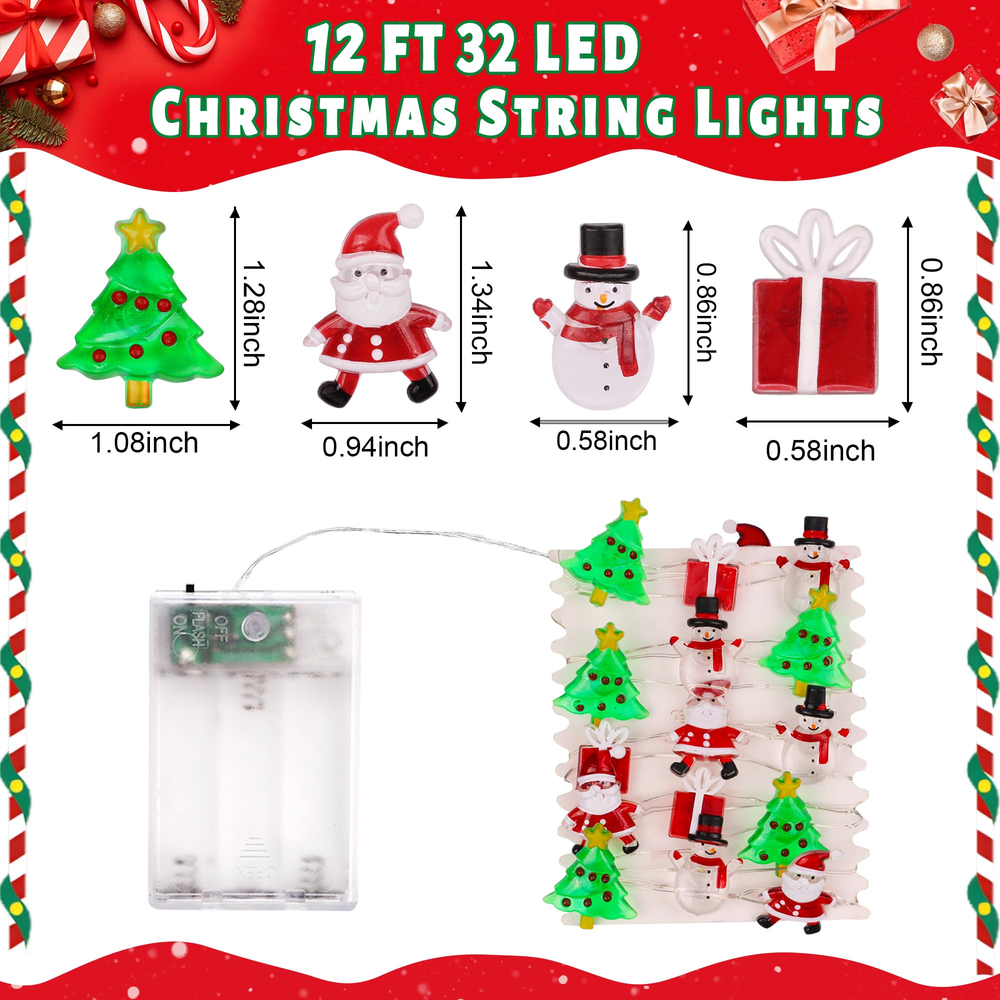 Christmas String Lights 12FT 32 LED Christmas Tree Santa Clause Snowman Gift Box Xmas String Lights Battery Operated Holiday Fairy Lights for Tree Light Decorations Table Home Indoor Holiday Decor