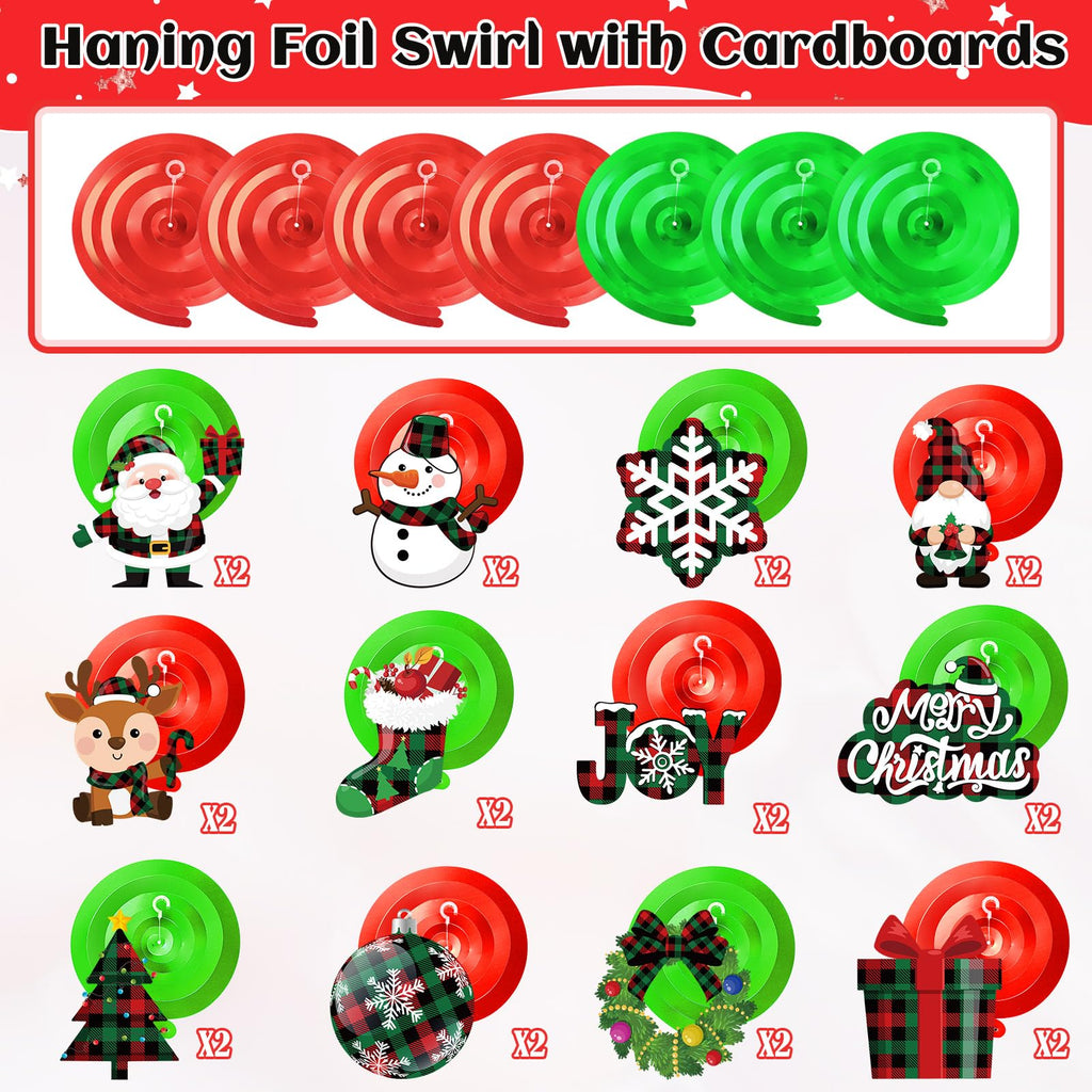 Sumind 30 Pcs Christmas Swirl Ceiling Hanging Decorations Set Xmas Holiday Snowman Elk Sign Hanging Foil Christmas Indoor Decorations for Ceiling Xmas Holiday Party Decor(Red, Black)