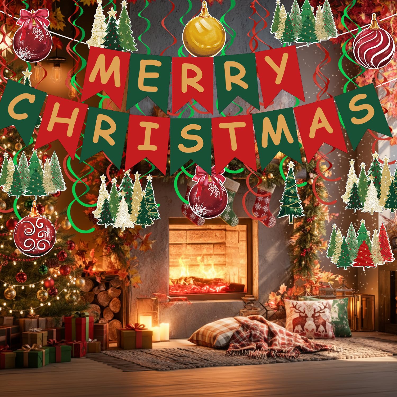 Horaldaily Christmas 30 Pieces Party Hanging Swirl Decorations, Christmas Trees Ball Ornaments Party Hanging Swirls Streamers Ceiling Decor for Home Office Classroom School Boys Girls Supplies