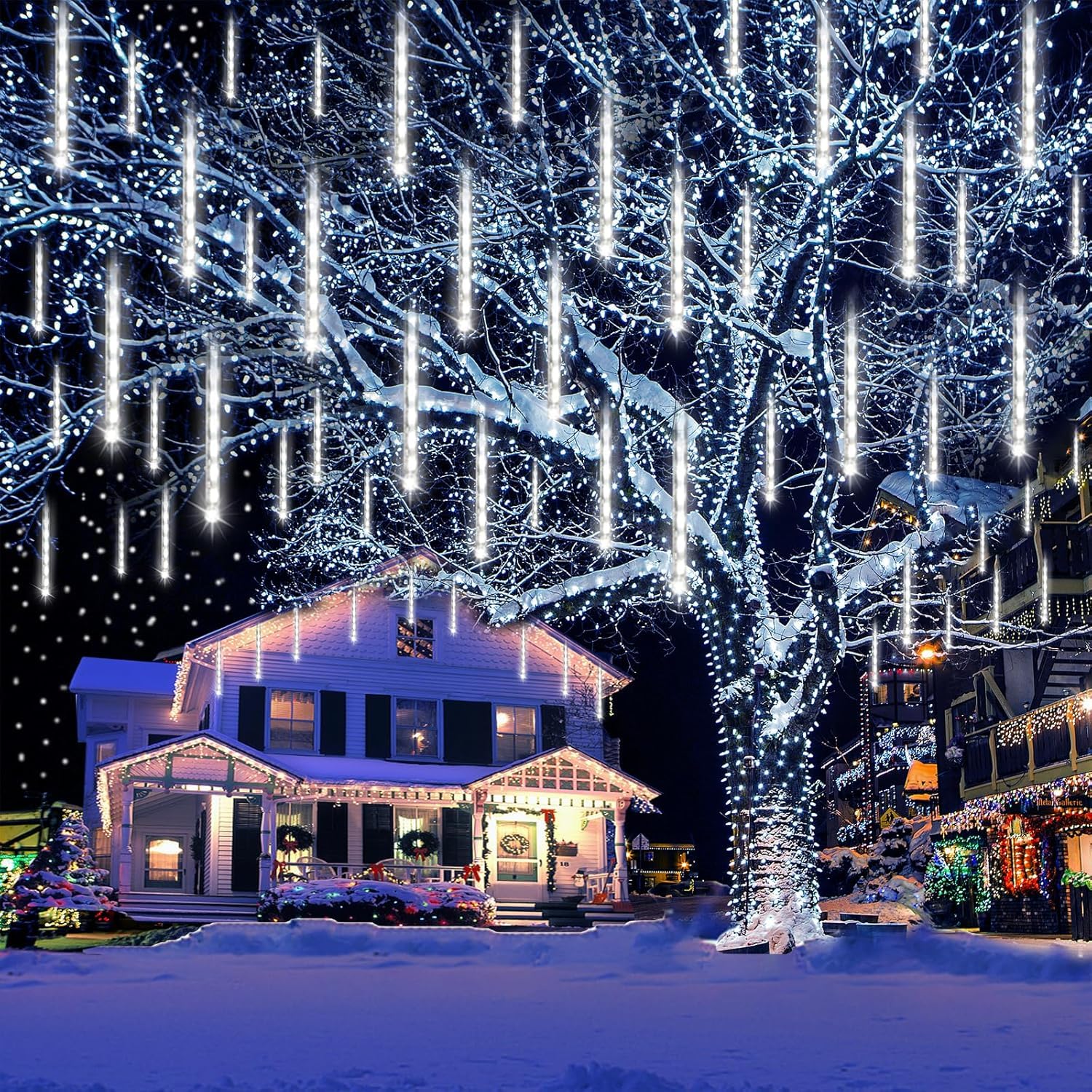 Kwaiffeo Outdoor Christmas Decorations, Waterproof 16-Tube Meteor Shower Lights for Xmas Wedding Party Hanging Decor, Wedding Decorations for Reception, Equivalent to 2 Sets of 8-Tubes, White