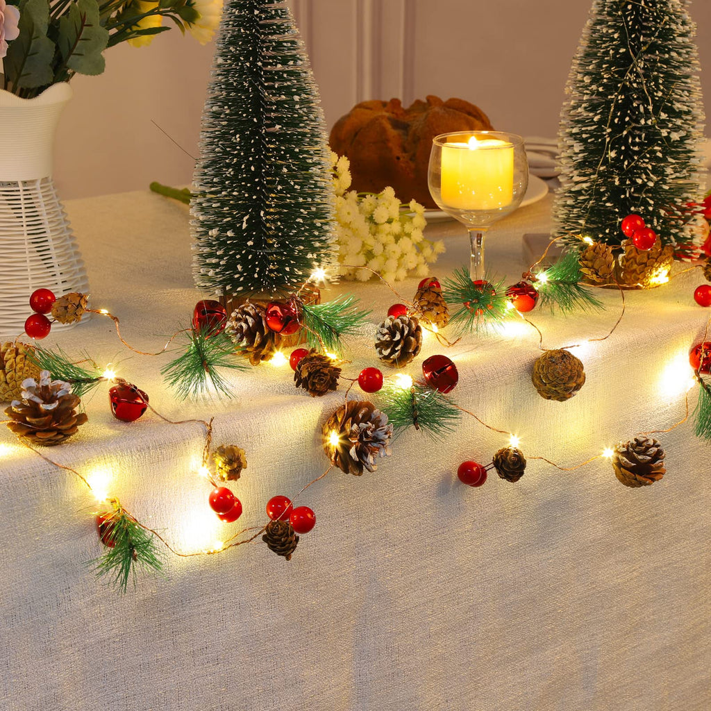 Christmas Garland with Lights, 10 Feet, 30 LED Lights, Pinecones, Red Berries, and Bells Decorations, Christmas Indoor Decorations for Home and Mantelpiece Door Frame Decorations